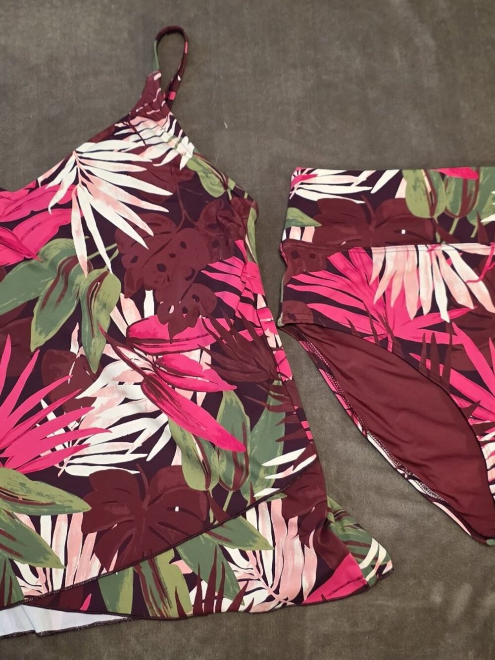 Lands' End Dark Wine Multi Tropical Palms Swimsuit Bundle Set — Size 16/XL NEW